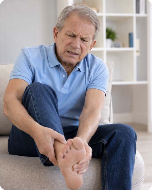 Man holding his heel in pain while sitting on a sofa